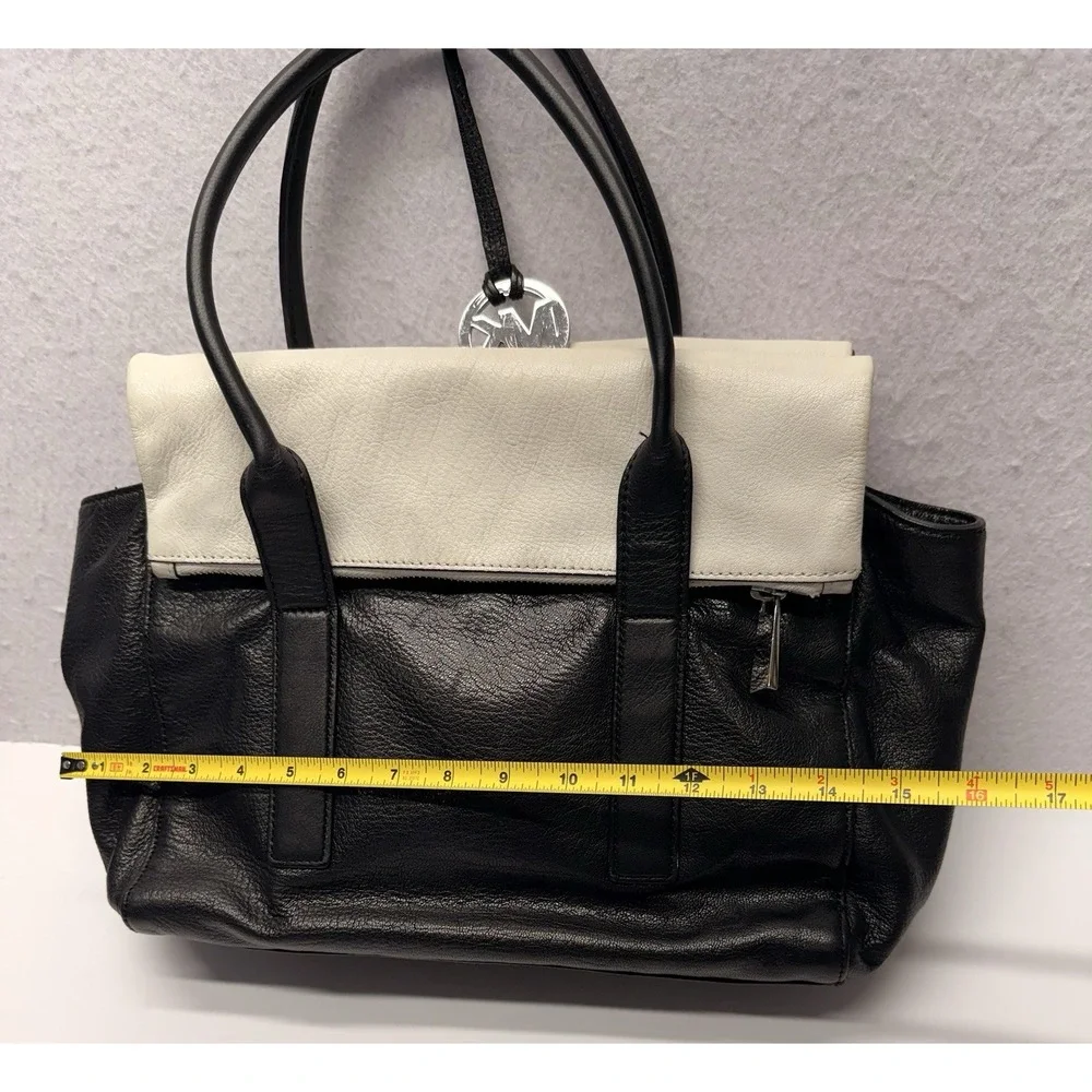 Michael Kors Tippi Large Satchel Leather Handbag Purse Black Cream White